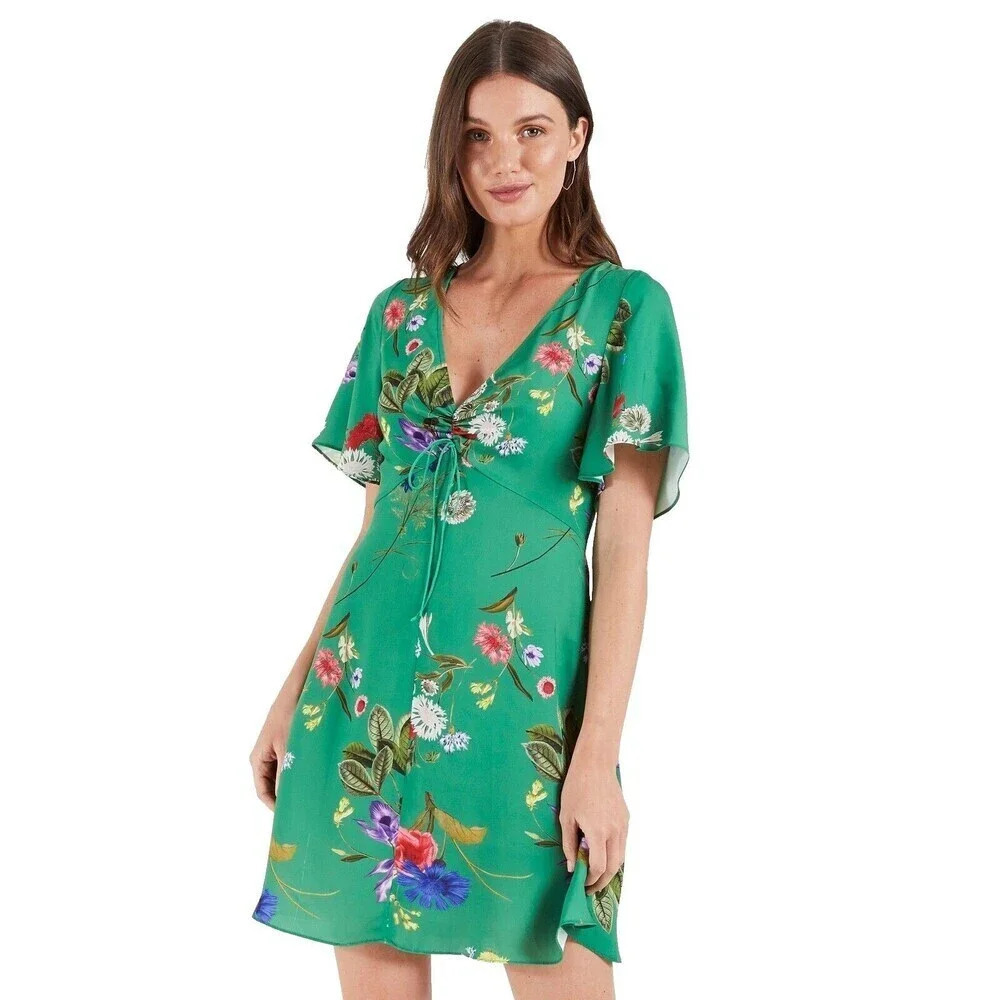 Cooper St Kaia Mini Dress Womens Sz 4 Green Floral Gathered Tie Front Summer NEW
